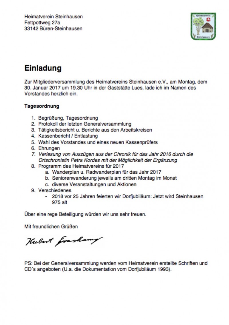 Mitgliederversammlung am 30.01.2017 - Heimatverein Steinhausen e.V.